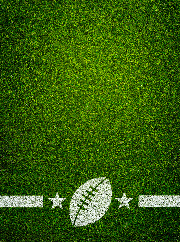 American football and Illustration green background with ball on a football field 