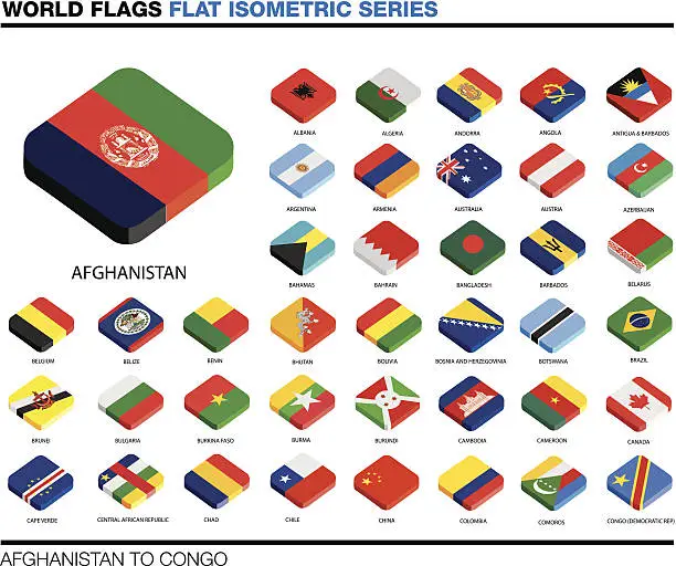 Vector illustration of flags of the world, a-c,  3d isometric flat icon design