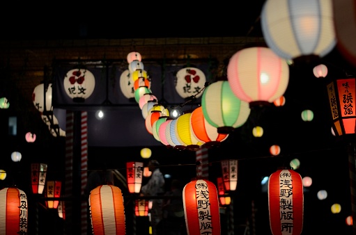 Lanterns surrounding the area of a Bon Dance summer festival in Japan.