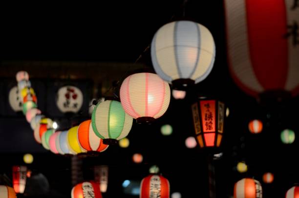 Bon Dance Lanterns Lanterns surrounding the area of a Bon Dance summer festival in Japan. yukata photos stock pictures, royalty-free photos & images