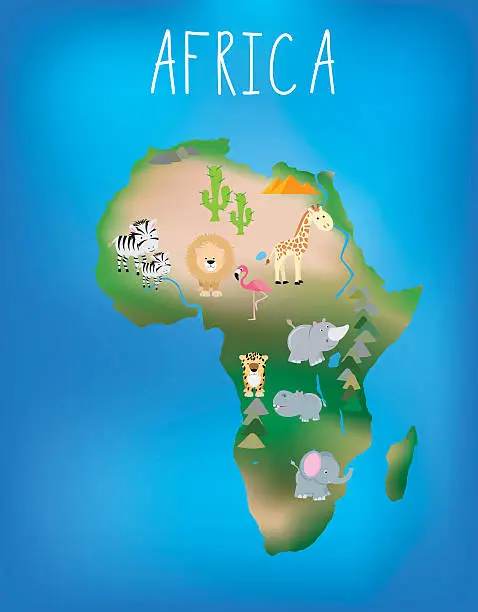 Vector illustration of Map of Africa with cute wildlife and animals