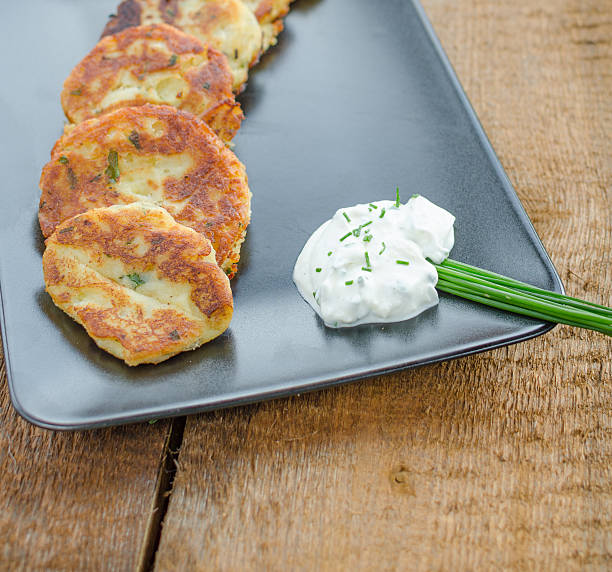 istock Fried potato pancakes with chive dip/souce 497246351