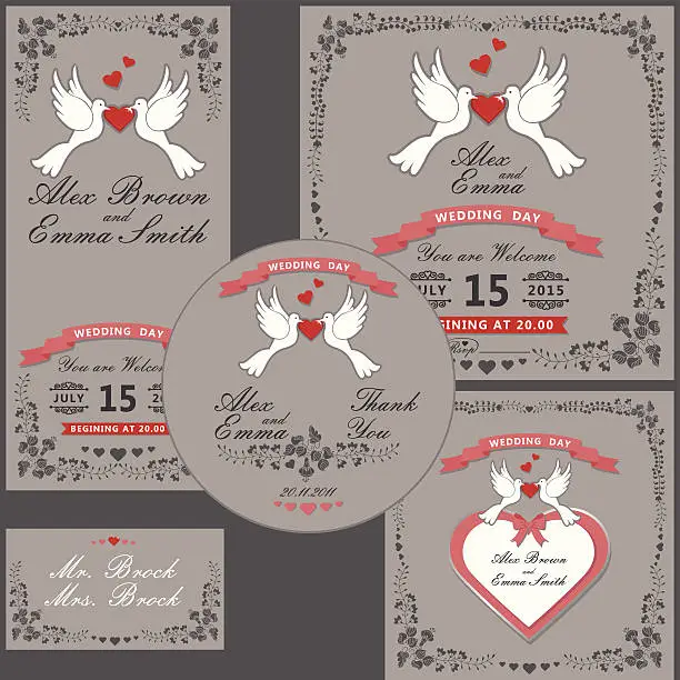 Vector illustration of Wedding design  template set.Floral items ,cartoon pigeons