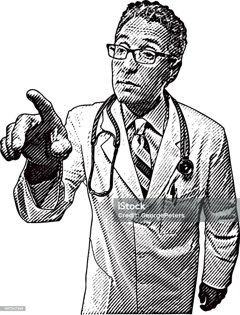Médico apontando a tela de toque - Vetor de Apontar - Sinal Manual royalty-free
