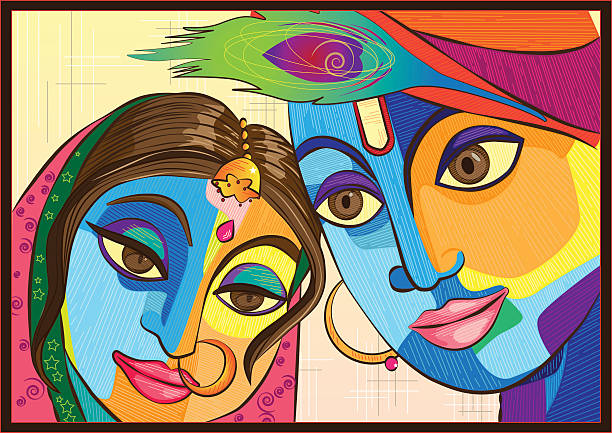 Radha Krishna Radha and Krishna, lord with his beloved, together, feather in turban, in love radha krishna stock illustrations