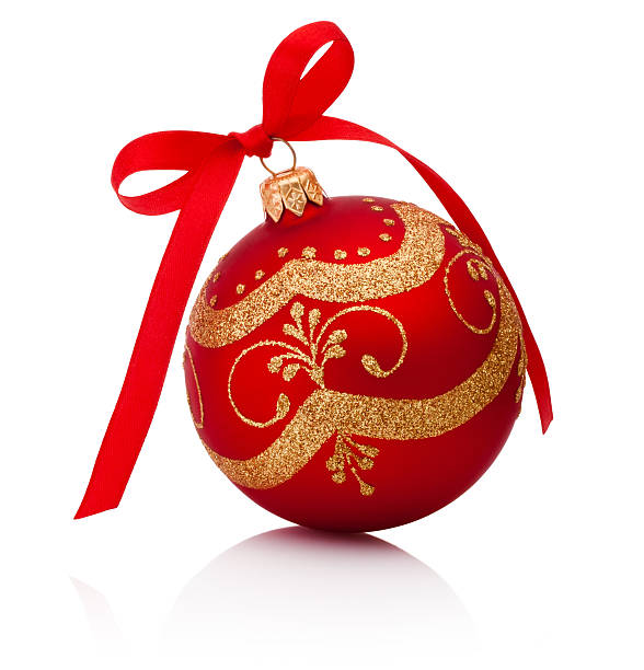 istock Red decorations Christmas ball with ribbon bow Isolated on white 497250284