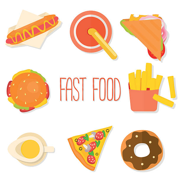 zestaw płaskie projektowania ikon fast food - take out food white background isolated on white american cuisine stock illustrations