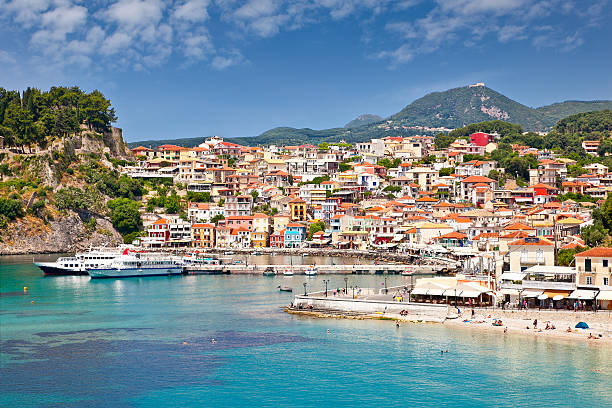 beautiful panoramic view of parga port, greece. - corfu town stockfoto's en -beelden