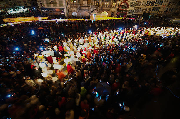 Basel, Switzerland - March 02, 2009: Unidentified people take part in Morgestraich - Carnival opening in Basel, Switzerland. Long exposure.