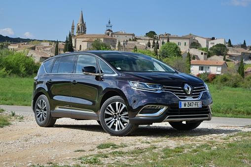 Nimes, France - April, 20th, 2015. Test drive of Renault Espace during the international press launch. First generation of Espace was debut in 1984, but the newet V-generation was debut in 2014 on the Paris Motor Show. New model is not typical van as previous generations. The Espace V is vehicle with SUV/crossover features. This model have boot volume from 680 to 2101 litres.