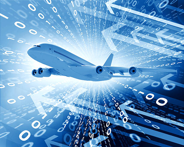 istock Airplane with the background of figures and arrows 497254113