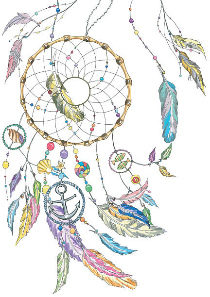 Dream catcher with items from the sea and feathers. Vector. Dream catcher wit colorful feathers, beads, items from the sea: shell, fishes, star, anchor, seashell. Vector file for any your project. symbol north american tribal culture bead feather stock illustrations