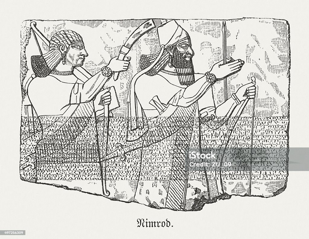 Nimrod, bas-relief, Palace of Asurbanipal II, wood engraving, published 1881 Nimrod the ancient oriental hero and king, mentioned in the Tanakh, the Bible and the Koran. Woodcut engraving after an assyrian bas-relief, published in 1881. Mesopotamian stock illustration