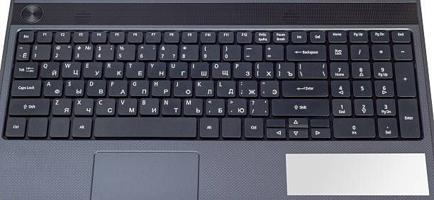 istock Electronic collection Modern laptop keyboard with letters Russian and English 497256486