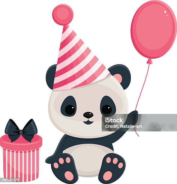 Birthday Panda With Gift Box And Balloon Stock Illustration - Download Image Now - Animal, Backgrounds, Bear