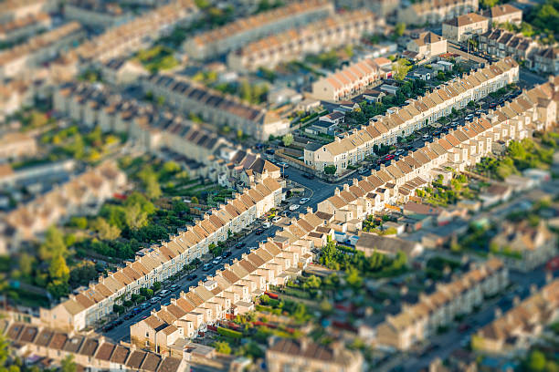 Tilt-shift view of residential streets from above