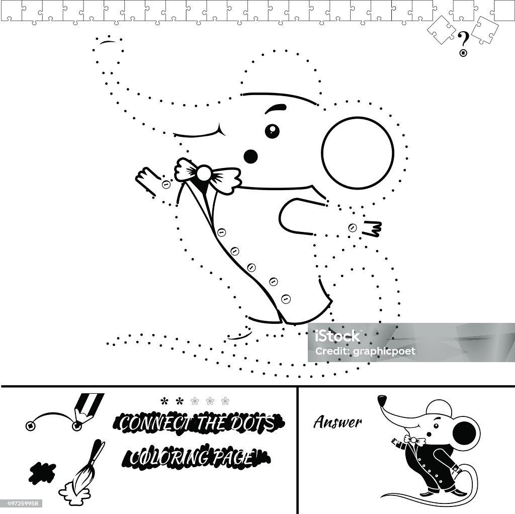Connect the dots dog Connect the dots picture and coloring page. Puzzle for kids. Mouse character. Answer included. Monochromatic image on white background. Eps 8 Child stock vector