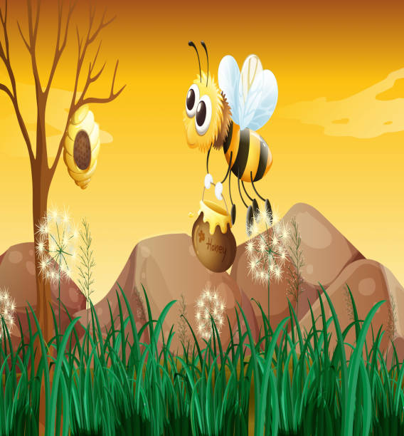 ilustraciones, imágenes clip art, dibujos animados e iconos de stock de abeja volando en dirección a colmena - grass branch wealth forest