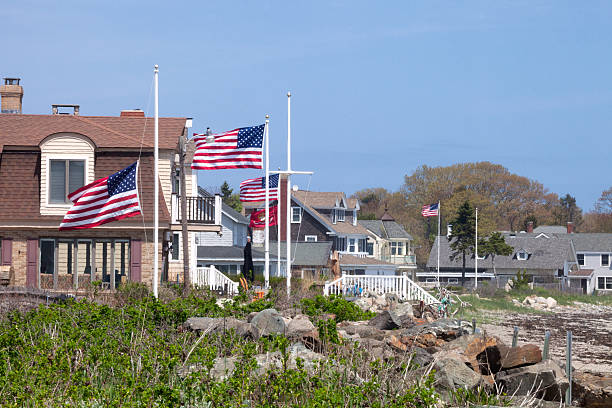 istock Four American Flags Blowing in the Wind 497268831
