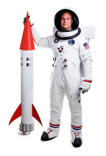 Man On Rocketship Astronaut Isolated On White Holding A Rocket Ship Stock Photo ...