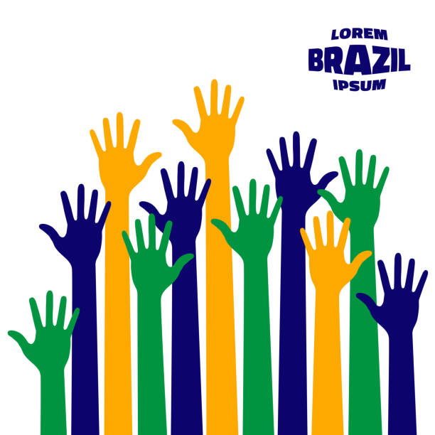 bunte up hand-symbol mit brasilien flagge farben - human hand waving human arm high angle view stock-grafiken, -clipart, -cartoons und -symbole