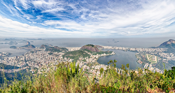 Panorama of Rio de Janeiro city in Brazil from the Corcovado mountain. 360° view on Copacabana beach and the city.