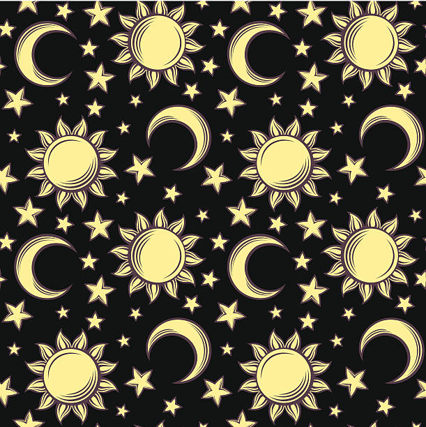 Seamless pattern with suns, moons and stars. Vector illustration. Vector seamless pattern with yellow suns, moons and stars on a back background. half moon stock illustrations