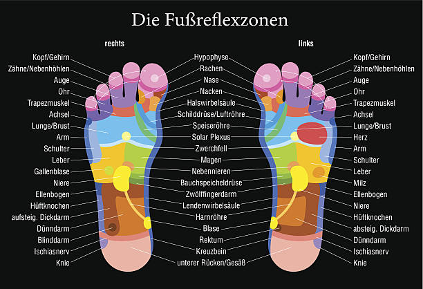 フットリフレクソロジーチャートブラックのドイツの説明 - massaging human foot reflexology foot massage点のイラスト素材／クリップアート素材／マンガ素材／アイコン素材