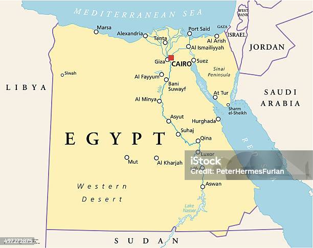 Египет Политическая Карта — стоковая векторная графика и другие изображения на тему Карта - Карта, Египет, Суэцкий канал