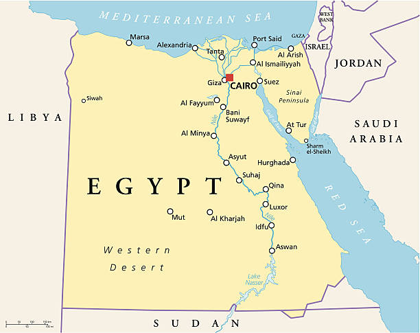 Egypt Political Map Political map of Egypt with capital Cairo, national borders, most important cities, rivers and lakes. Vector illustration with English labeling and scaling. egypt stock illustrations