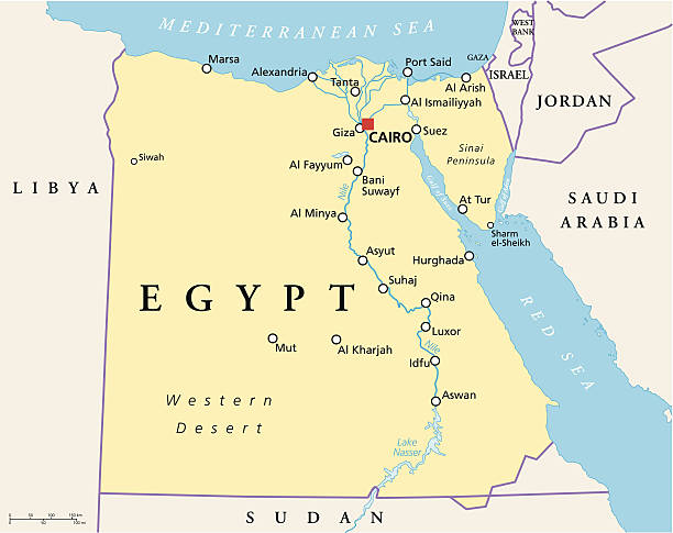 Egypt Political Map Political map of Egypt with capital Cairo, national borders, most important cities, rivers and lakes. Vector illustration with English labeling and scaling. libya map stock illustrations