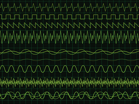 Different oscilloscope waves. Vector illustration on graph background.