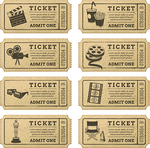 illustrazioni stock, clip art, cartoni animati e icone di tendenza di vettore grunge biglietti del cinema - ticket movie theater movie movie ticket