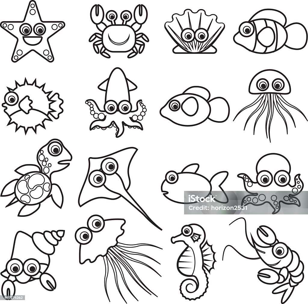 Aquatic Animals1 Stock Illustration - Download Image Now - Coloring Book  Page - Illlustration Technique, Fish, Sea - iStock