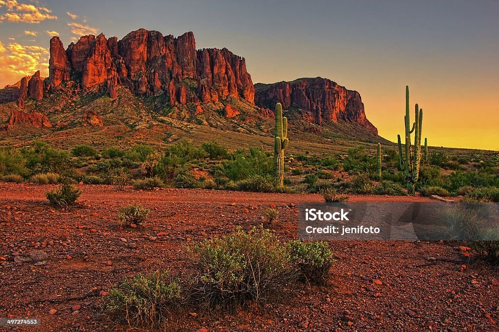 American desert sunset with cacti and mountain Sunset view of the desert and mountains near Phoenix, Arizona, USA Arizona Stock Photo