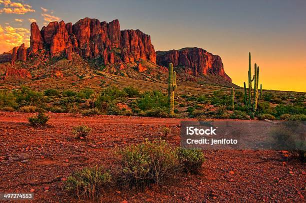 American Desert Sunset With Cacti And Mountain Stock Photo - Download Image Now - Arizona, Desert Area, Phoenix - Arizona