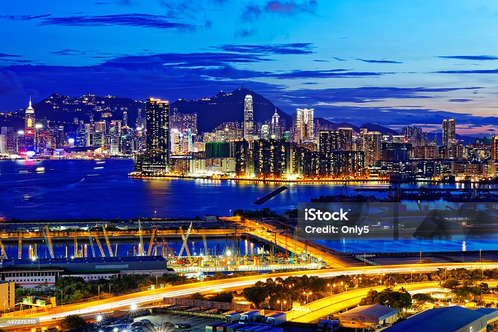 Hong Kong night Hong Kong at night with highrise buildings. 2015 Stock Photo