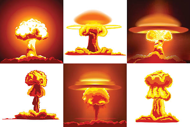 illustrazioni stock, clip art, cartoni animati e icone di tendenza di esplosioni nucleari set - bomb bombing war pattern