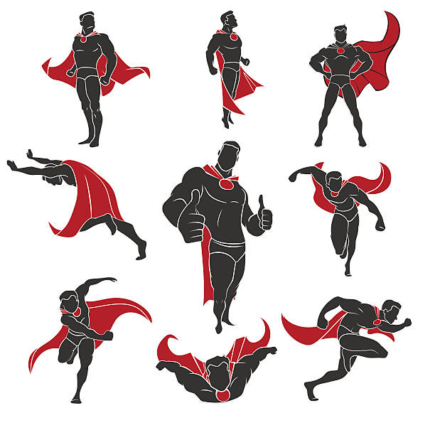 Superhero comics set Superhero actions set in comics style. Isolated on white background red superhero cape clip art stock illustrations