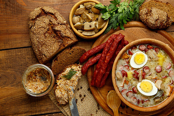 Traditional polish Easter soup Zurek Traditional Zurek with sausage and egg, white borscht, polish homemade Easter soup poland stock pictures, royalty-free photos & images