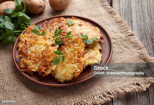 Traditional Potato Pancakes Or Latke Homemade Jewish Food Hanukkah Celebration Stock Photo - Download Image Now