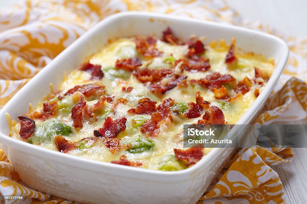 Brussel sprout casserole Baked brussel sprout casserole with a bacon Christmas Stock Photo