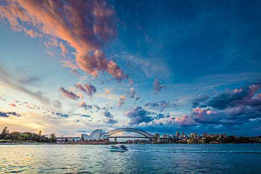Sunset in Sydney with Harbour Bridge and Sydney Opera House in the background.