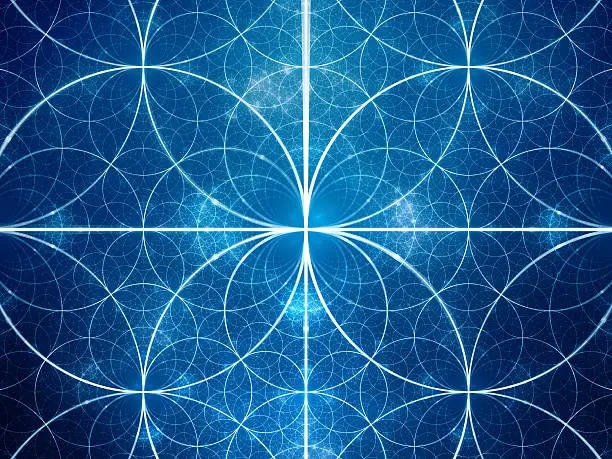 Blue glowing symmetrical fractal circles, computer generated abstract background