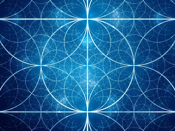 Blue symmetrical fractal circles, computer generated abstract background