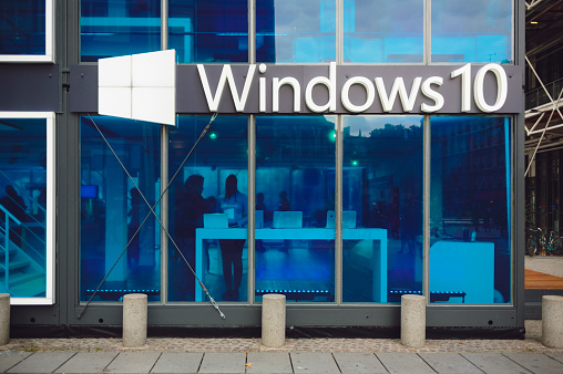 Paris, France - October 9, 2015: Facade of pavilion promoting Windows 10 - the latest operating system from Microsoft.