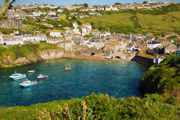 Beautiful English harbour Port Isaac Cornwall illustration like oil painting stock photo