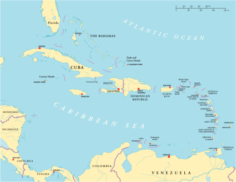 Political map of Caribbean - Large And Lesser Antilles - with capitals, national borders, most important cities, rivers and lakes. Vector illustration with English labeling and scaling.