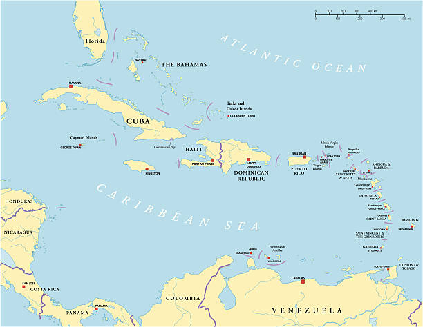 Caribbean - Large And Lesser Antilles - Political Map Political map of Caribbean - Large And Lesser Antilles - with capitals, national borders, most important cities, rivers and lakes. Vector illustration with English labeling and scaling. grenada caribbean map stock illustrations