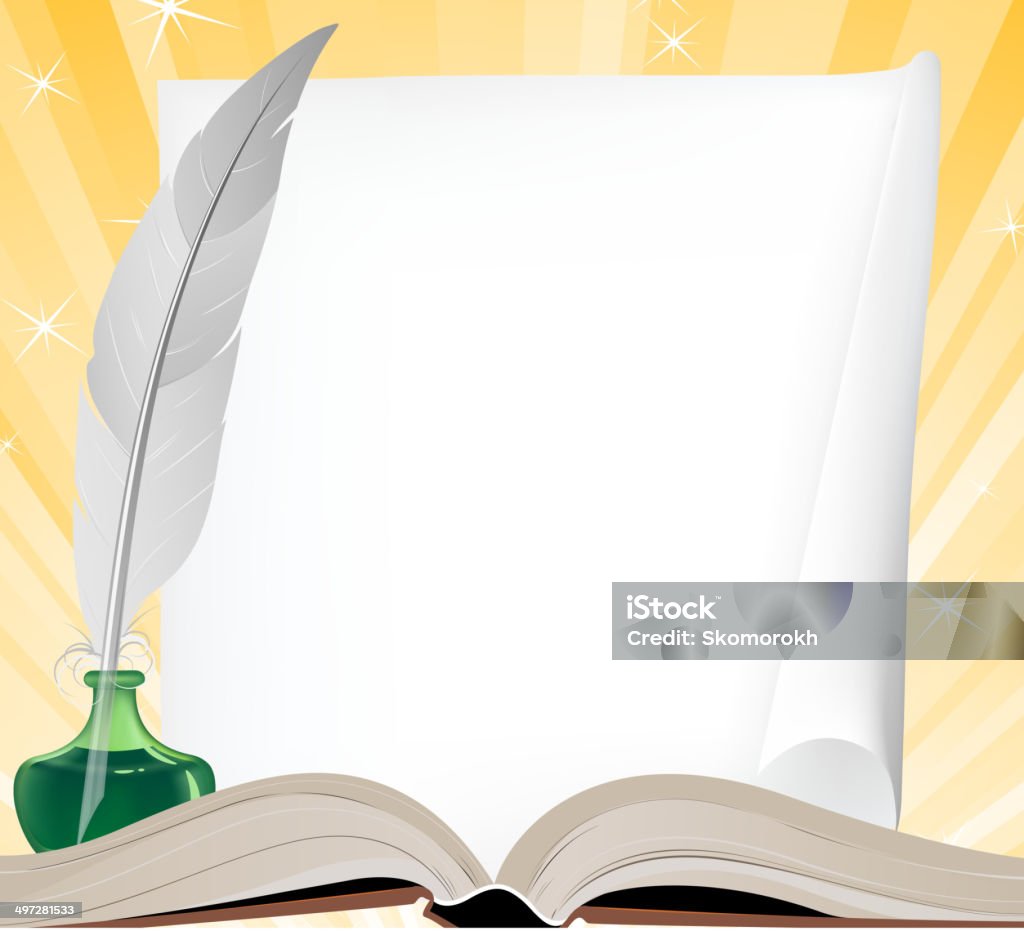 Education concept Open book, paper scroll and feather on a shining background. EPS10. Contains transparent objects Ancient stock vector